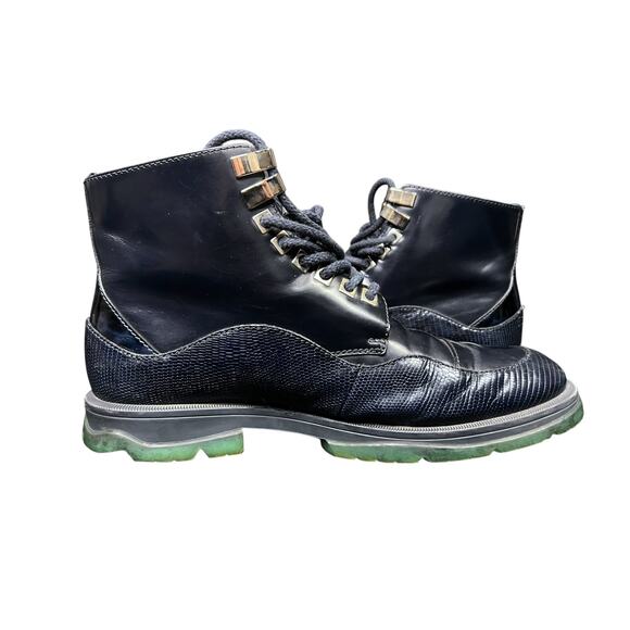 Jimmy Choo Baldwin Lizard Reptile Leather Navy Black Combat Boots EU 44 US 10.5